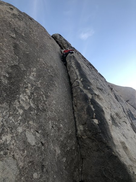 I decided to get onto the face near the top. No protection but easier climbing.