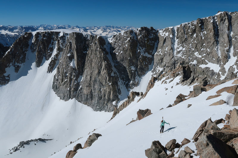 Views of Mt. Thompson from the adjacent Ski Mountaineer's Peak. The Trident Couloirs (Knudtson, Smrz, and Harrington) are on the left. The "Non-Moynier" (as it's known to skiers) and Moynier (L-R) are in the center.