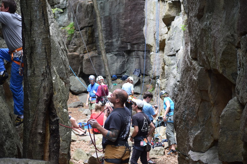 Belay scene in the Library, looking from the back towards the entrance