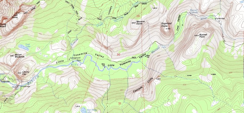Little Yosemite Valley - USGS topo map - Moraine Dome, Sugarloaf Dome (label added), Bunnell Point, Cascade Cliffs