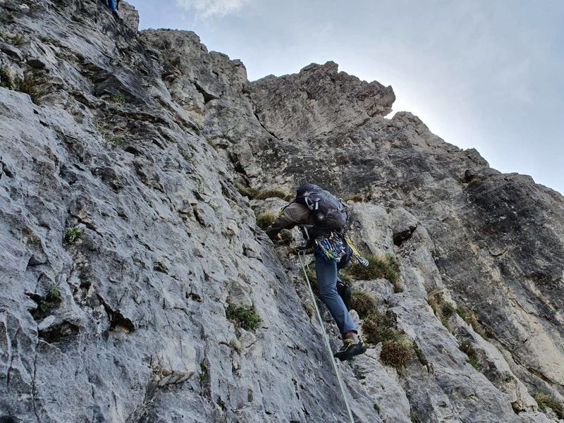 Stefano starting up pitch 2, about to traverse left into the crux