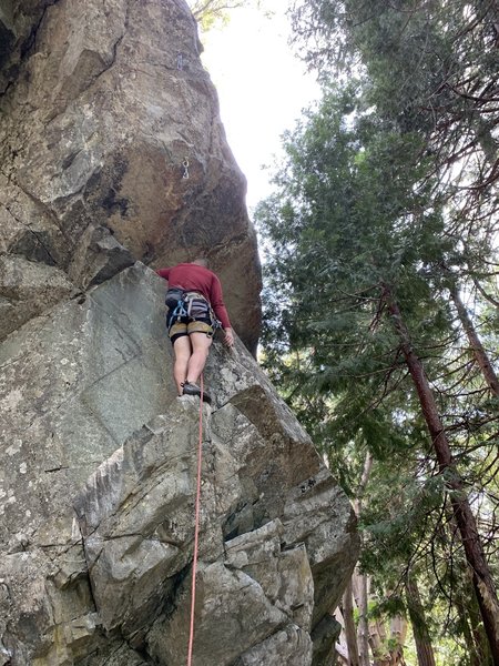 Running it out to the first clip. Taller people can clip here otherwise it's another couple moves and a tricky clip.