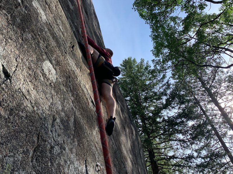 Alec TRing the thin start. His TC Pro's were too tight so we traded shoes for this climb despite my 5.10's being way too big, he still sent.