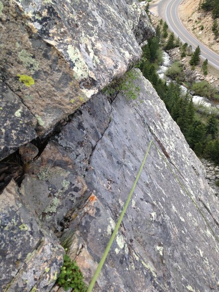 Pitch 1: Texas two step traverse left on pitch 1 at the small roof. Use a longer runner.