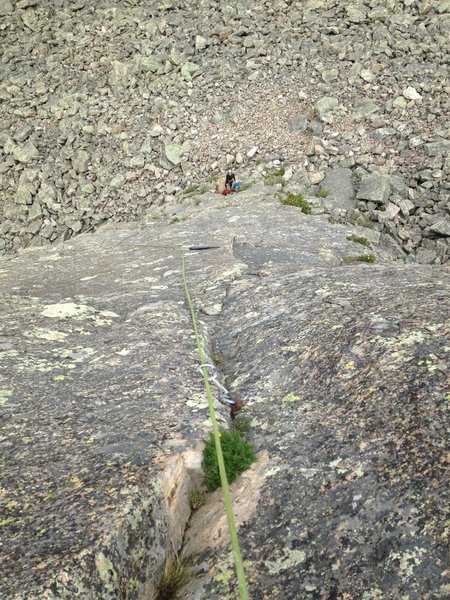Pitch 1: looking down from the first small roof. Observe the protection and spacing.