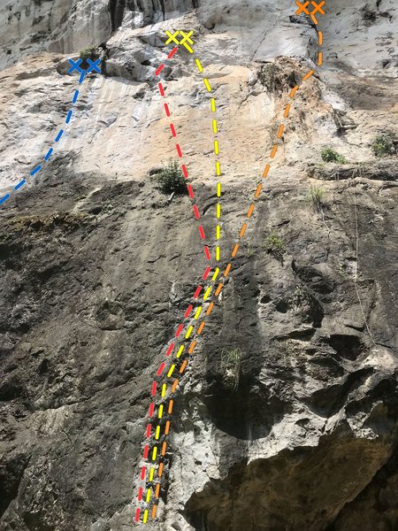 Blue: PiRANA 5.11c/d. Red: Buzzsaw 5.10b. Yellow: Seesaw 5.10d. Orange: Team American Dihedral 5.11a/b.