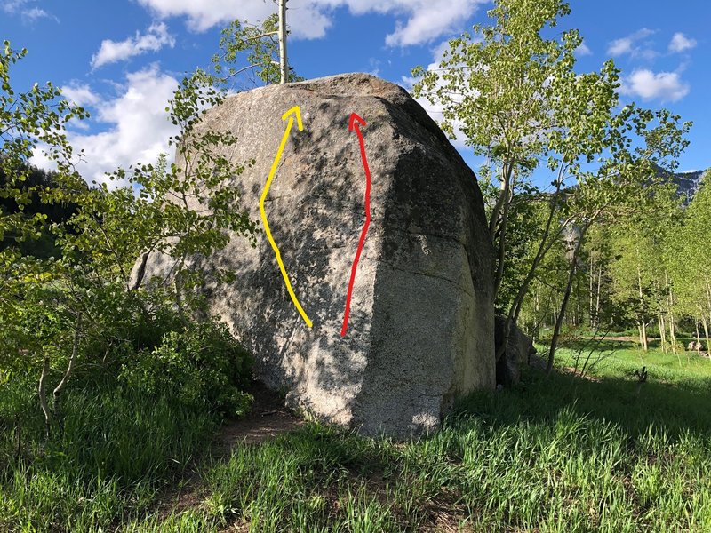 Two problems on the north side of the Will Ferrell Boulder.
<br>
Red: Anchorman, V2
<br>
Yellow: Anchorman 2, V3
