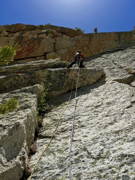 Andy leads through the crux pitch (Pitch 5) on the Summer Solstice.