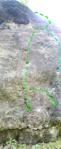 Left, pockets to ledge using your sea legs. Right, alt start for the more daring. Both gain ledge to a fun jug ride to finish.