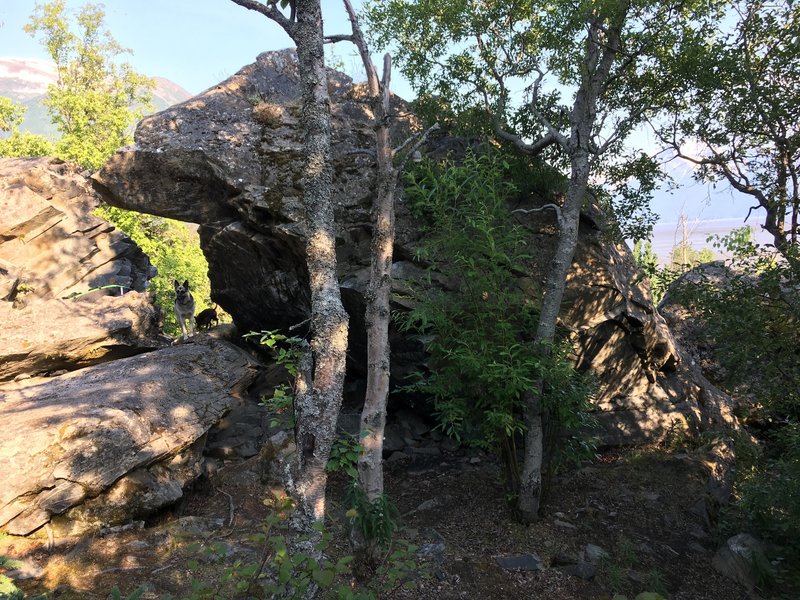 Right side arete, traverse left, head up.
