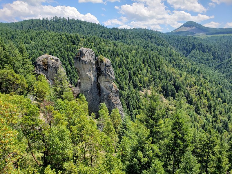 View of T-Rex Rock from Stegosaurus Rock. Route heads up spire on right, pitch 1 takes you to false summit, pitch 2 drops down and into crack (ignore 1/4 bolts unless you want true adventure climbing), and pitch 3 summits. Bring webbing for summit rappel.