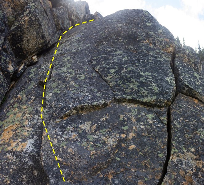 Start of pitch 1. Most official route seems to start on the left crack as drawn. It's an awkward start, but after some searching you'll find some footholds.