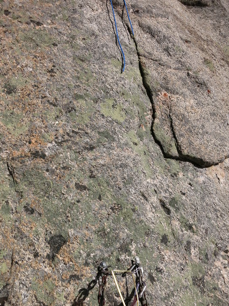 This is what happens when you do the Rappel Route with a single 60m rope; certainly not recommended. I wasn't using the American Death Triangle, and I tied knots for my partner as he came down, btw. With rope stretch, you're still ~1-2 meters short.