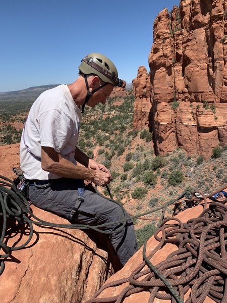 Great belay perch. A bit busy with 2 ropes but worth it to get us all up to the summit of this spire.