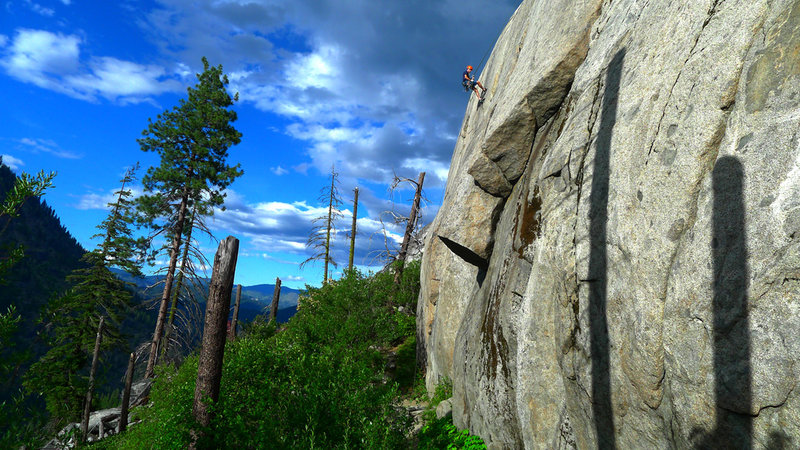 Climber rapping down Pearly Gates.