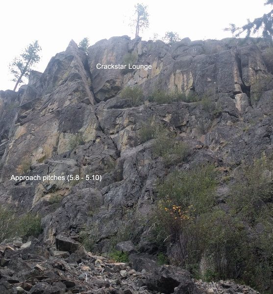 A view of Crackstar Lounge and the approach pitches (lower left hand side).