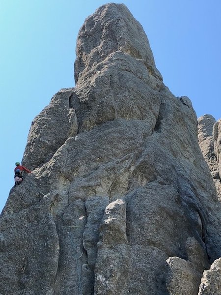 Mark Rafferty looking up the ramp section on Spire one's first pitch. Picnic Traverse Day
