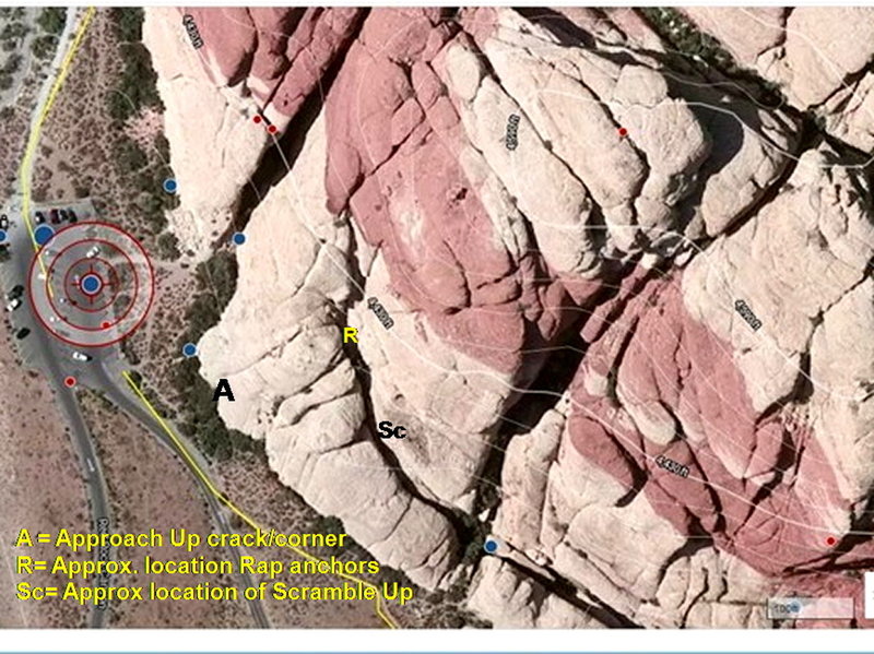 The rap anchors are not easy to find because they are a foot or so down into the gully.  Sc is the approx. location of a 10 ft scramble back up onto the low-angle slab; but in climbing down it there is a well-hidden foothold.
