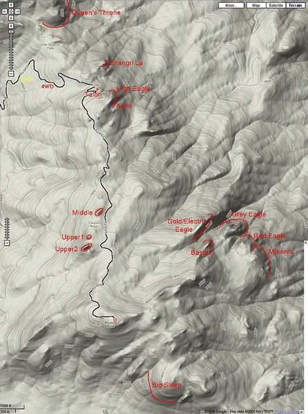 Shuteye Ridge map - showing Little Shuteye Pass approach road. Based on google maps terrain view.