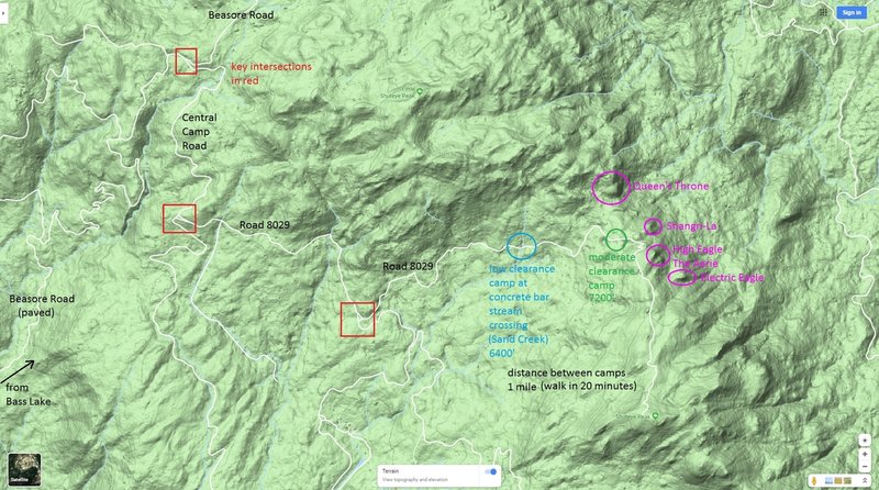 Shuteye Ridge / Shuteye Pass road and crag map - shows key intersections and camp locations.  Map from google maps Terrain View.  Note:  what I labelled Electric Eagle is actually "50 5.7s".
