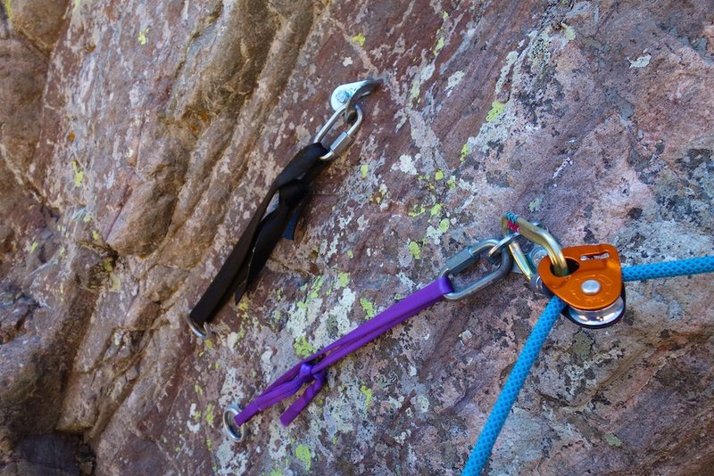 Shiny bolt anchors on the 3-pitch direct start. (We simulclimbed the direct start in one pitch, using a microtraxion as pictured in the photo.)