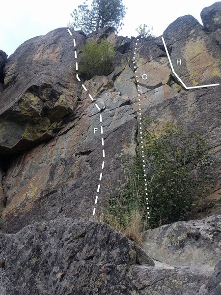 Looking up at routes F, G, and part of H at Crackstar Lounge. This picture was taken near the anchors at the top of one of the approach pitches.