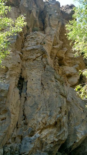 climbs up the face to a ledge to a double arete like thing to a spacious ledge with the anchor