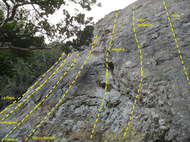 A few of the bolt locations relative to the most conspicuous features. As seen from the end of the access trail, at the midpoint of the wall.