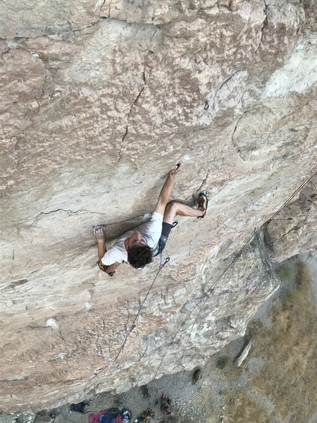 Hunter Murray pulls past the middle crux on the second ascent of "Push Me,Pull Me".