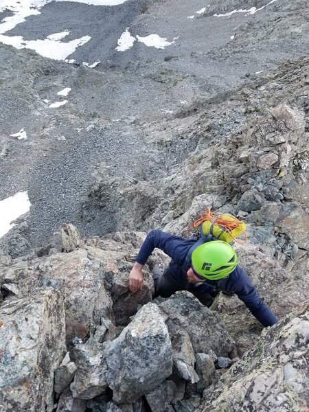Andy on the 5.4 crux chimney. Pretty straightforward. It climbs like a face, not a chimney.