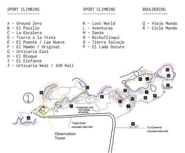 Map of the sectors and access trails, relative to the main road that goes to the observation tower. Ignore the route numbers; they are outdated.
