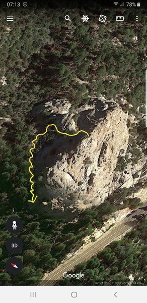Yellow line shows nicest walk off of summit. Contour to RIGHT after saddle takes you to a climbers trail through pines rather than following the loose scree slope if you contour along Barnum rock proper