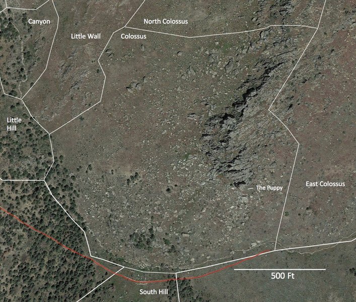 Colossus, the largest collection of big boulders and nice cliff lines at the Thousand Islands. South access road in red.