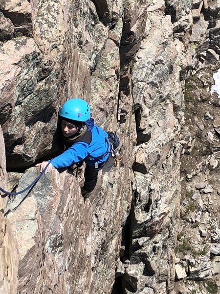 Hunter Castellano on the 1st pitch. He may be the youngest climber to do this route at age 10, free and clean.