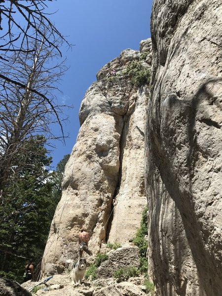 Tanna Feldman and Leah Goldstein at the top anchors, Collin and Kat on belay.