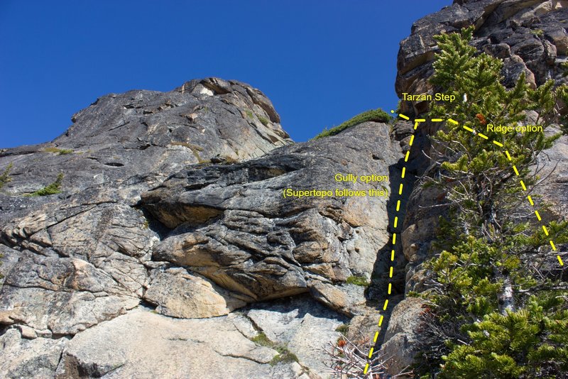 Just before the Tarzan Step (you don't actually have to jump, and it's really well protected with a 0.3 or 0.4 and another 0.4-0.75).
<br>
<br>
There's two options to get to the step... option 1 is the gully (see Kyle's comment), option 2 is stay on the ridge.