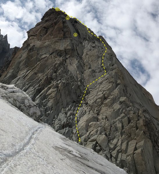 East ridge of Pyramide du Tacul - route on the south face is only approximate as there are many variations to reach the overhang below the ridgeline."