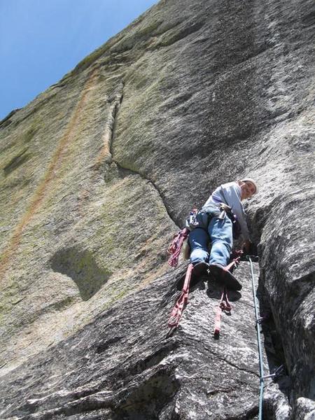 The late Mark Hammond heading up Pitch #2 on 'Bear Claw Headwall' (5.8 A3), Kerkhoff Dome. Note the old school Frost knots.