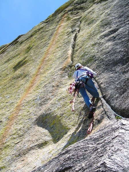 The late Mark Hammond whacking in a few KB's on 'Bear Claw Headwall (5.8 A3). FA. Kenny Rose