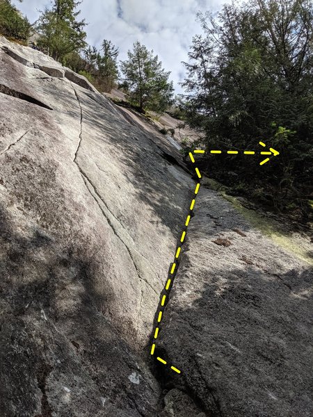 The crack on the left is the first pitch of Read Between The Lines (5.8). To find the first pitch of Diedre, go up the ramp to the right. You'll end up on a trail and be few minutes away from the start of the route.