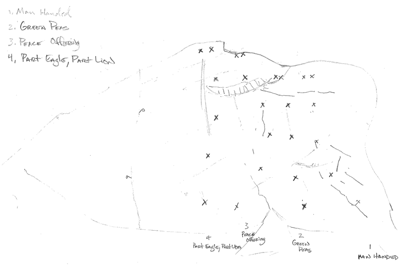 Original drawing of the first 4 routes bolted on Owl Slab with the name of each route. Bolted by Josh Norris, Ben Church, Adam Shields, and Jessica Kiel.