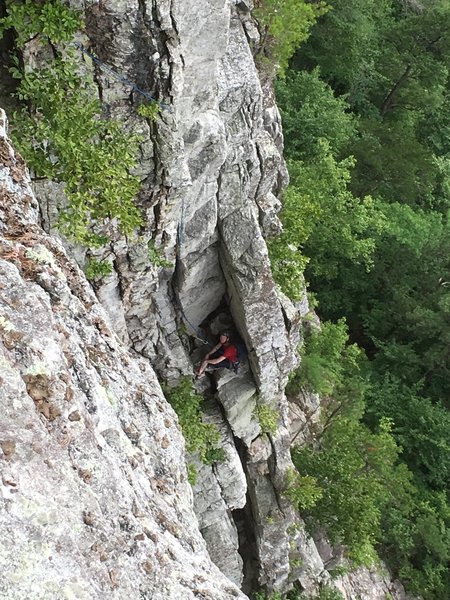 view of the second belay station from on top of the third pitch.