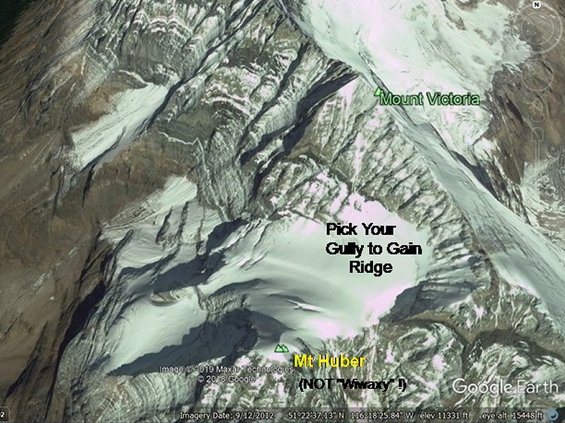 Google Earth photo of the upper basin between Huber and Victoria and the Gullies leading to the Summit Ridge of Victoria