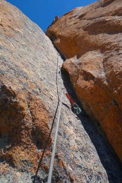 Pitch 8. At least the way we went. This corner crack is to the left from belay at top of Pitch 7. Might be other options around right.