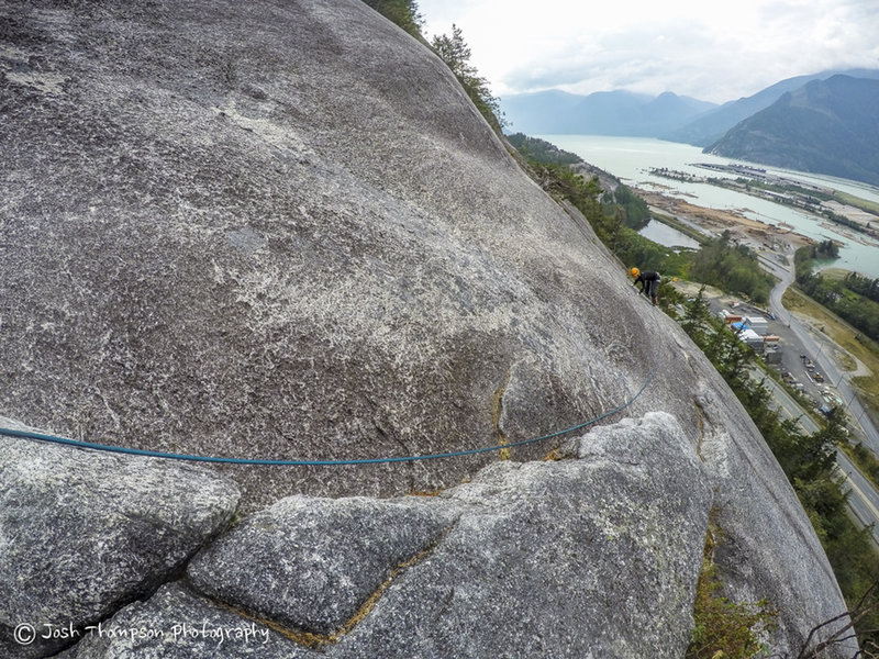 A good view looking back on the unprotected traverse of the 2nd pitch