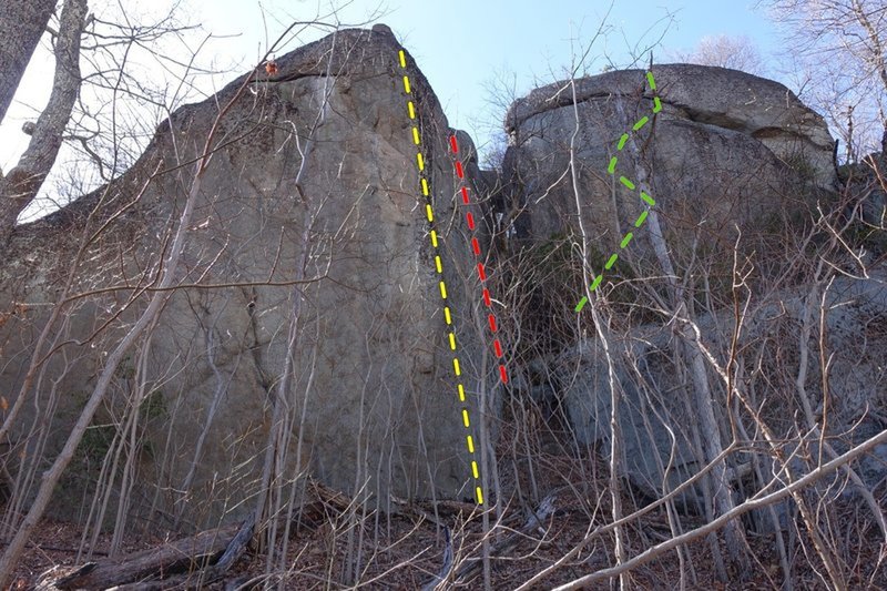 Brian's Route (yellow), Chigger Rigor (red), Clabber the Sky (green)