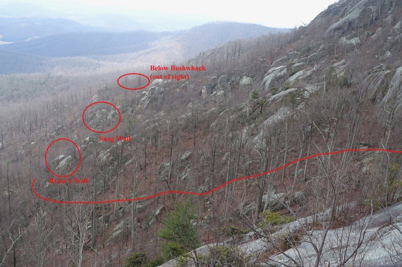 Location of Waking Dream Wall is marked by "Below Bushwhack" on this view from the Ridge Trail.