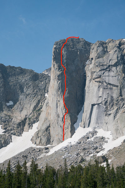 The Dogtooth Pinnacle, showing the line of Once Bitten (5.10).