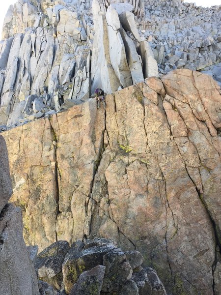 Leo soloing up the Mendel headwall in Colombia approach shoes.