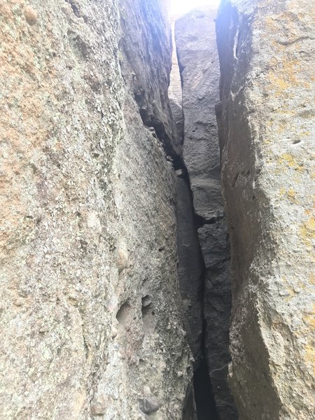 Looking into the chimney with the route following the crack to the left.